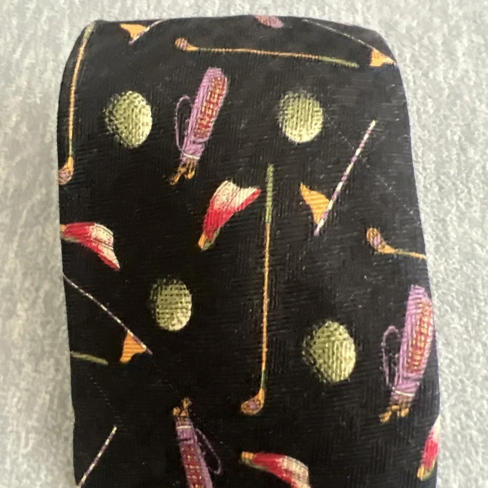 Prima Silk‎ Tie Men's Golf Balls Clubs Flags Fathers Day Black Colorful Career